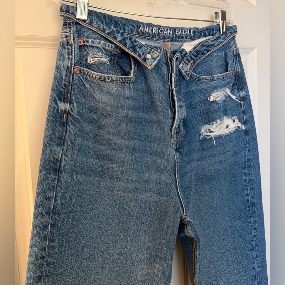 American Eagle Foldover High Waist Straight Leg Jeans, Distressed Blue, 8 Short - Picture 2 of 15